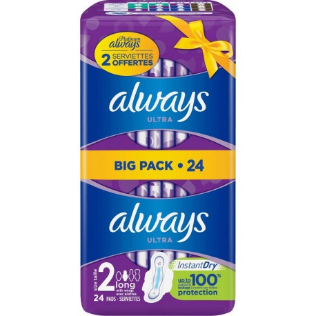 Always Serviettes Hygiéniques Ultra long ailettes BIG PACK x24 paquet 24 serviettes