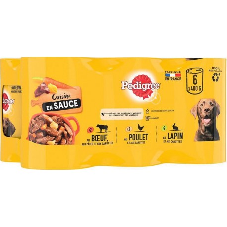 Pedigree Cuisine en sauce 3 variétés boeuf poulet et lapin 6x400g 2,4Kg