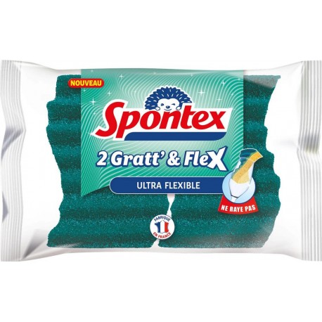 SPONTEX GRATT' & FLEX COMBINE SACHET PLASTIQUE 2CT 1CT NORMALE SYNTHETIQUE VAISSELLE ERGONOMIQUE