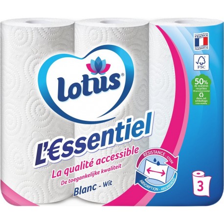 LOTUS Essuie-Tout Blanc L'essentiel 3 rouleaux
