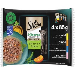 SHEBA Pâtée pour chat Adulte en sauce Poulet Dinde Thon Saumon 4x85g 320g