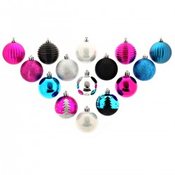 Kit de décoration pour Sapin de Noël Turquoise Fuchsia Argent et Noir 15 pièces