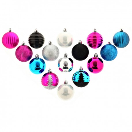 Kit de décoration pour Sapin de Noël Turquoise Fuchsia Argent et Noir 15 pièces
