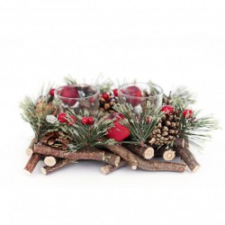Photophore Traditionnel de Noël en Bois - Double Bougies - Rouge (lot de 3)