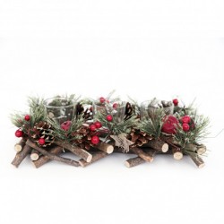 Photophore Traditionnel de Noël en Bois Forest Natural - Triple Bougies - Rouge (lot de 3)