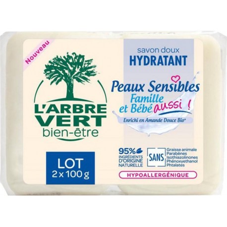 L’Arbre Vert Savon Doux Hydratant Peaux Sensibles Famille et Bébé à l’Amande Douce Bio par 2 de 100g (lot de 6 soit 12 savons)
