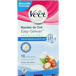 Veet Bandes de Cire Easy-Gelwax Technology Peaux Sensibles par 16 Bandes de Cire (lot de 2)