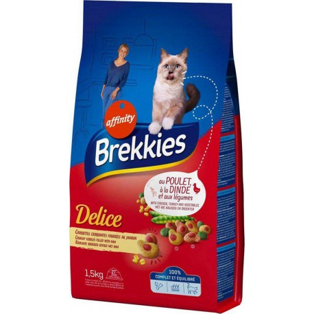 Brekkies Delice Chats Croquettes Croquantes Fourrées au Jambon au Poulet Dinde et Légumes 1,5Kg (lot de 3)
