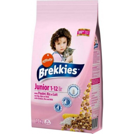 Brekkies Junior Chats 1-12 mois Croquettes au Poulet Riz et Lait 1,5Kg (lot de 3)