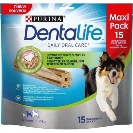 Purina Dentalife Bâtonnets Pour Chiens Medium 12 à 25kg Texture Alvéolée Facile à Mâcher Maxi Pack 345g (lot de 4 sachets)