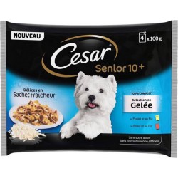 Cesar Sénior 10+ Délices en Sachet Fraîcheur Sélection en Gelée 100g par 4 (lot de 4 soit 16 sachets)