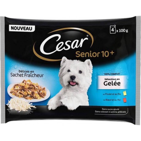 Cesar Sénior 10+ Délices en Sachet Fraîcheur Sélection en Gelée 100g par 4 (lot de 4 soit 16 sachets)