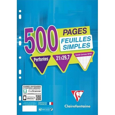 Clairefontaine 500 Feuilles Simples Perforées A4 21x29,7 Grands Carreaux Seyes (lot de 3)