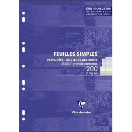 Clairefontaine 200 Feuilles Simples Couleurs Assorties Perforées 90g A4 21x29,7 Grands Carreaux (lot de 2)