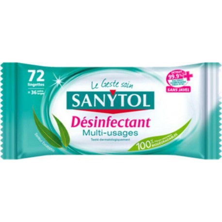 Sanytol Lingettes Désinfectantes Multi-Usages Senteur Eucalyptus 72 Lingettes