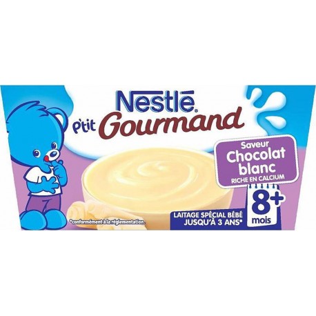 Nestlé P’tit Gourmand Saveur Chocolat Blanc Riche en Calcium (+8 mois) par 4 pots de 100g (lot de 8 soit 32 pots)