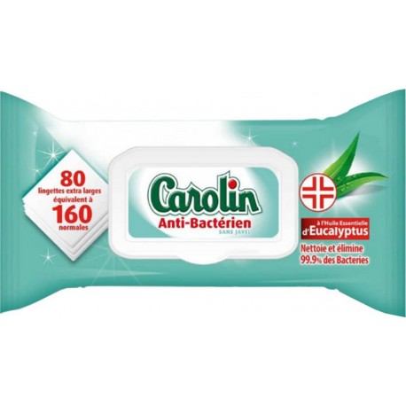 Carolin Anti-Bactérien x80 Lingettes à l’Huile Essentielle d’Eucalyptus (lot de 4 soit 320 lingettes)