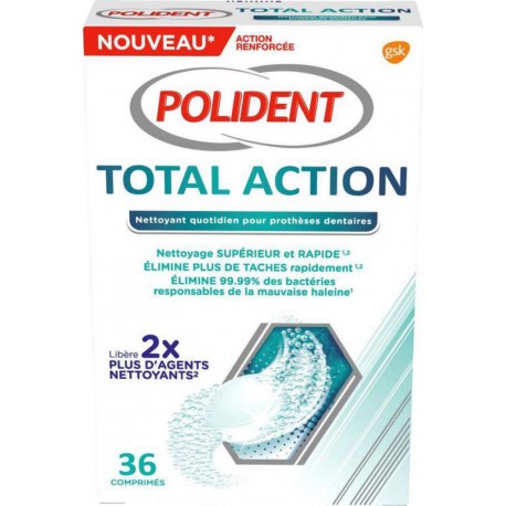 Polident Total Action Nettoyant Quotidien Pour Prothèses Dentaires 36 Comprimés