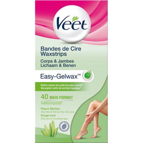Veet Bandes de Cire Corps & Jambes Easy-Gelwax par 40 Bandes Maxi Format Peaux Sèches