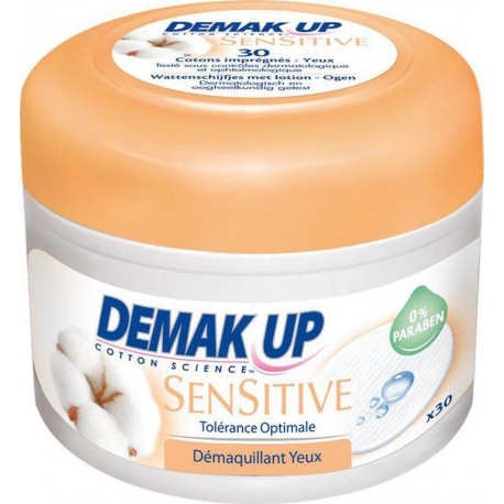 Demak Up Cotons Imprégnés Sensitive Tolérance Optimale Démaquillant Yeux Pot de 30 Cotons